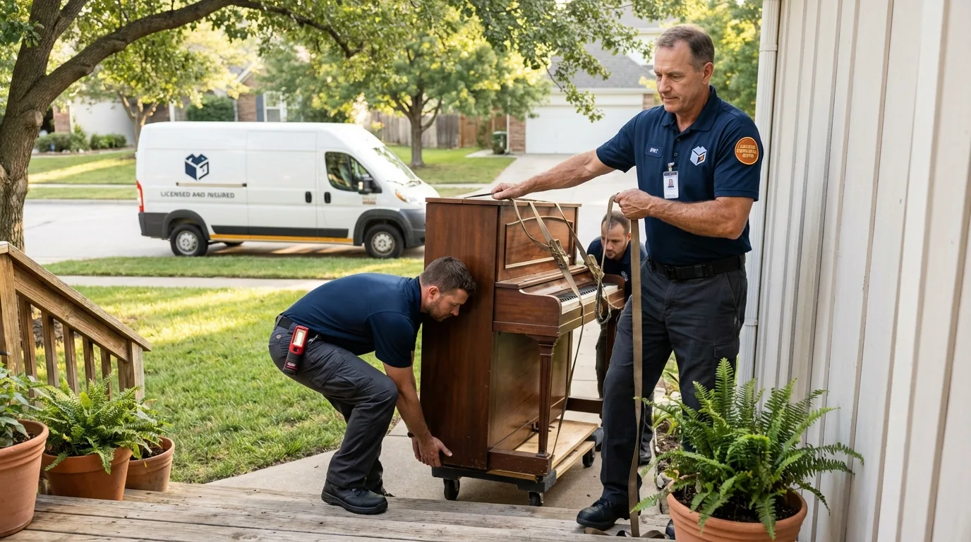 Licensed piano movers securing grand piano in Shiloh, OH