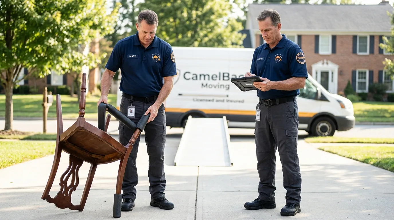 Movers inspecting furniture for damage prevention before loading in Shiloh, OH